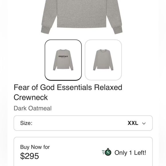Fear Of God ESSENTIALS Crewneck Sweatshirt Core Heather Men's Size XL - Picture 3 of 5